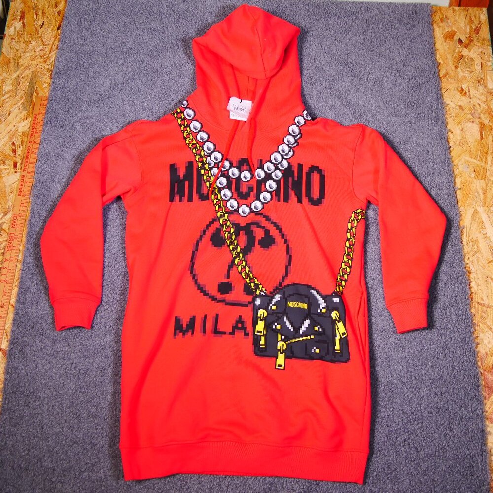 Moschino Pixel Capsule Short Hooded Dress In Red Mult